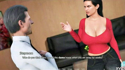 Golden Boy's busty brunette stepmom in red top with huge cleavage