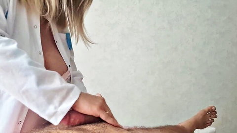 AleksKseNy as blonde masseuse in open lab coat touching thigh POV