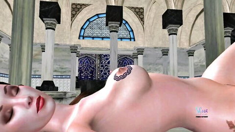 3D anime Tamil woman lying nude with intricate breast tattoo in steamy hook-up scene
