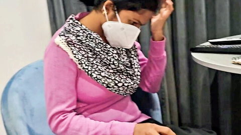 Cutegirl & Desibhabhi in pink sweater and mask at Indian school soiree, huge natural boobs tease