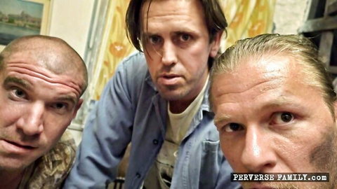 Three rugged men in perverse family selfie, kinky Czech anal threesome preview