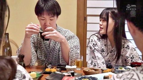 Japanese couple in yukata at steamy dinner, cuckold setup for hot night