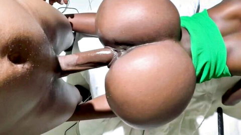 Thick white cock penetrating ebony babe's pussy between massive round ass cheeks closeup
