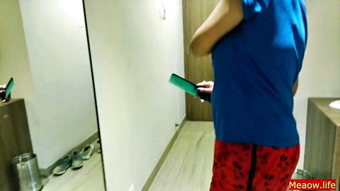 Hot Indian 18YO guy in blue t-shirt and red shorts in erotic interracial setup