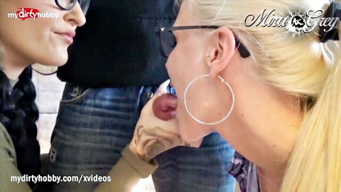 Blonde Nina Grey in glasses sucks thick red cock head deeply with hoop earrings