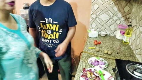 Indian couple in kitchen teasing before dirty fuck with wife in tight saree