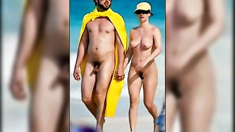 Hot amateur nude couple hand-in-hand on beach exhibitionism