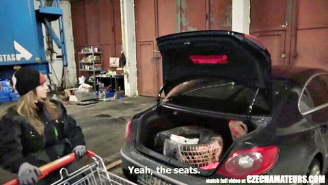 Czech blonde amateur loading car in parking lot, teasing ultimate POV BJ