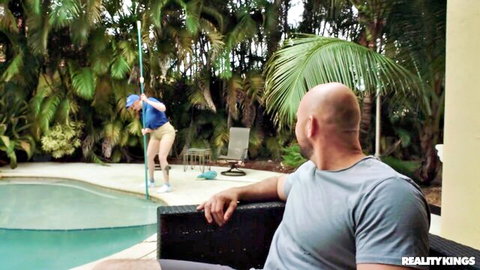 JMac watches busty redhead pool girl bend over in uniform