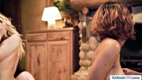 Nude blonde and brunette teens in intimate pose, small tits visible for kinky group play