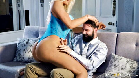 Nicolette Shea in blue bodysuit seduces bearded man on lap