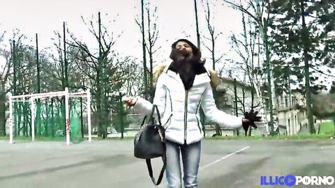 Anaïs daring student in white fur jacket outdoors, anal debut tease