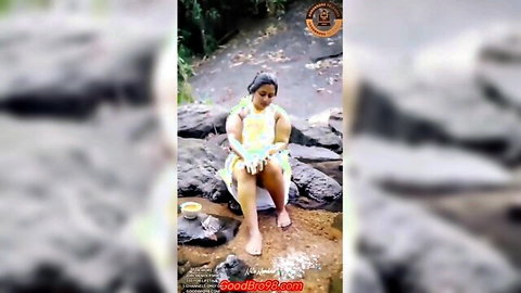 Khan S-01 squatting pee in yellow dress outdoors, Desi Indian XXX