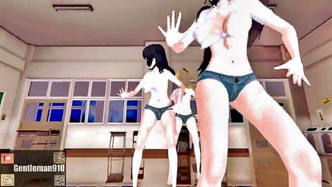 Gentleman910's kinky MMD anime dance with topless schoolgirls in sexy classroom twist
