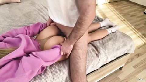 Cute blonde schoolgirl in pink hoodie gets ravished missionary style