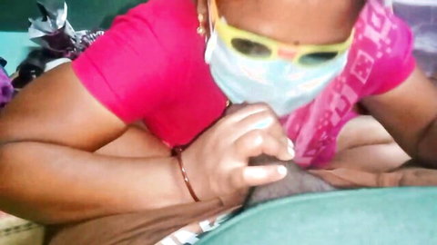 Saanthi2 giving handjob to Vetrivel in steamy Indian MILF oral scene