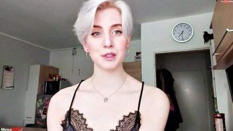Mika_Diva in black lace lingerie, seductive intro with short white hair