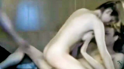 Guy fucks slim girl's pussy doggy style while she licks another woman's pussy in hot threesome