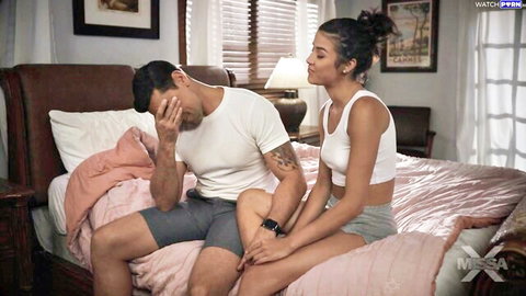 Brunette teen stepdaughter touches tattooed stepdad's thigh intimately on bed
