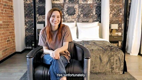 Smiling redhead teen in t-shirt and jeans for virgin anal interview