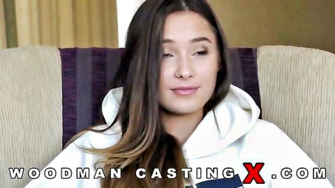 Liya Silver in white hoodie on Woodman casting couch session