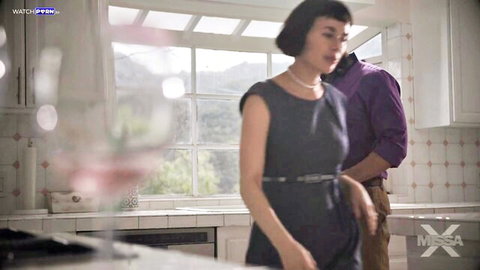Olive Glass in teasing kitchen encounter with partner, wine in hand - MissaX