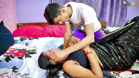 Indian woman in saree with massive tits and tight ass in intimate couple foreplay