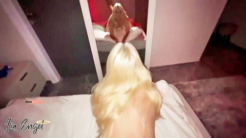 Skinny blonde with small tits and ass nude on bed doggystyle mirrored reflection