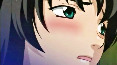 Blushing anime girl with green eyes and parted lips in naughty aroused expression