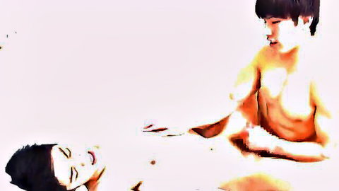 Muscular Japanese stud straddling moaning naked twink in intense gay missionary grind