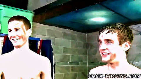Two young slim men smiling in shower for first-timer gangbang handjob