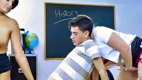 Hot teacher and busty blonde share classroom threesome with student