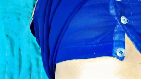 Desi village aunty in unbuttoned blue shirt, teasing skin in Indian hookup tease