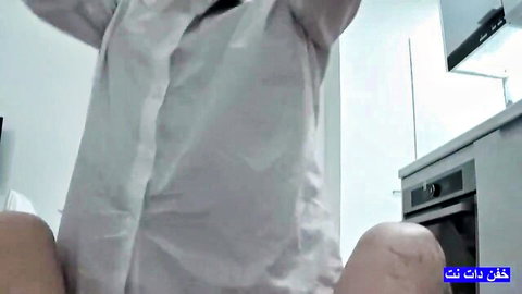 Hot Middle Eastern woman in open white shirt spreads legs teasingly