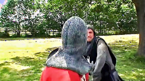 Sara Nice in medieval chainmail roleplay outdoors with partner