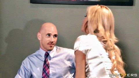 Tasha Reign seduces Johnny Sins in office, big tits in white dress