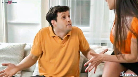 Big titted stepmom in orange top tempts stepson on couch