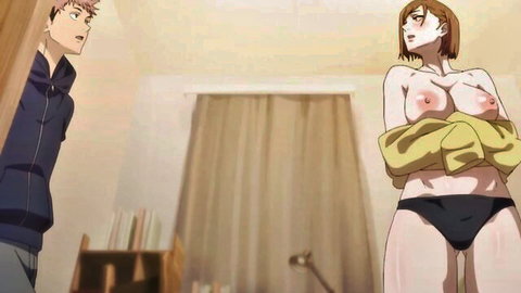 Hentai parody with busty anime girl exposing large tits in yellow top and black panties, shocked guy nearby