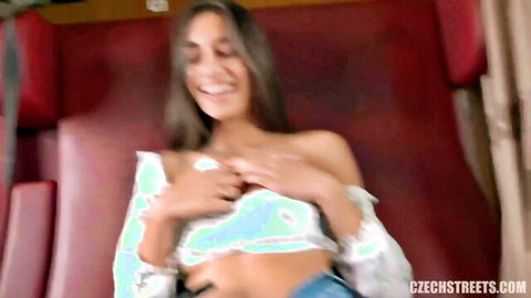 Smiling young Czech beauty flashing perky tits on train in steamy POV