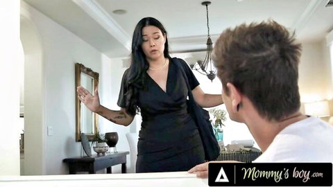 Dana Vespoli as insatiable stepmom seducing stepson in black dress