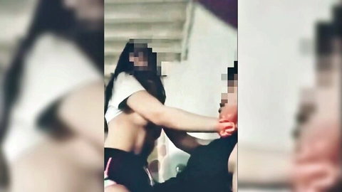 Indonesian amateur couple in white crop top and shorts touching intimately