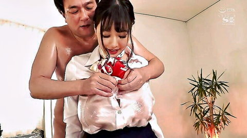 Stunning Asian escort with big tits getting unbuttoned from behind