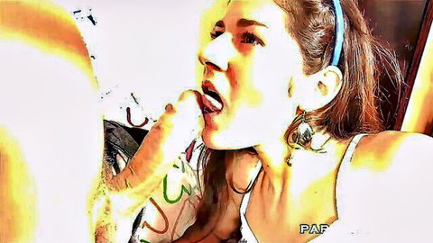 Czech teen with brown hair in headband sucks cock, close-up face view