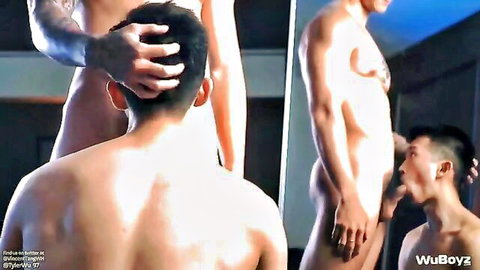 Tattooed Asian gay couple in intense mirror oral sex with big cocks