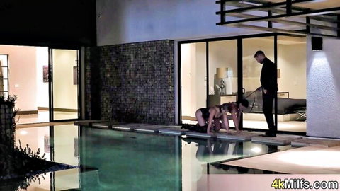 Sofie Marie and Serena Avery in obedient MILF threesome, on all fours by pool