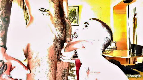 Tattooed bi-curious twink giving intense blowjob and handjob to hairy hunk