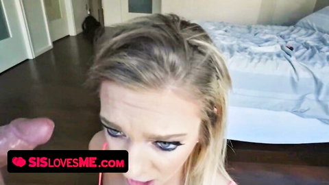 Blonde step sis teases stepbro's cock with her lips in POV closeup