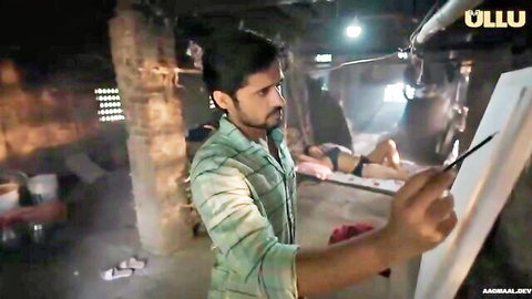 Ullu artist paints nude model with big tits in rustic studio scene