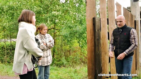Sofa Weber in Thanksgiving outdoor fun with blonde teen and bald guy, casual clothes