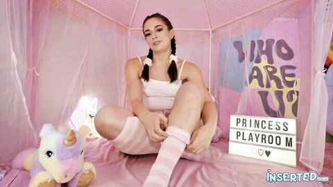 Sophia Burns in pink pigtails and shorts in playful solo tease